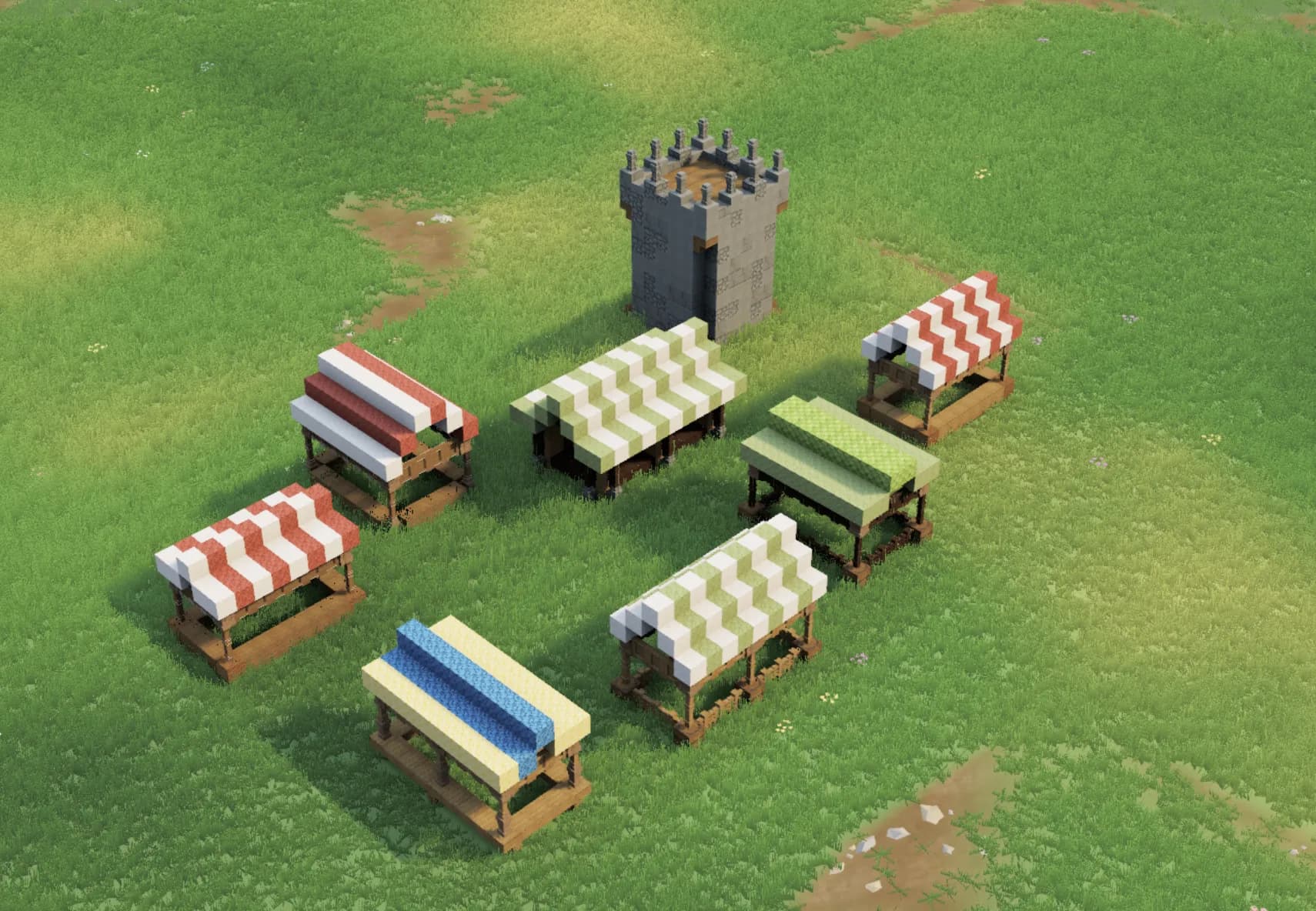 Voxel market stalls in a bright meadow